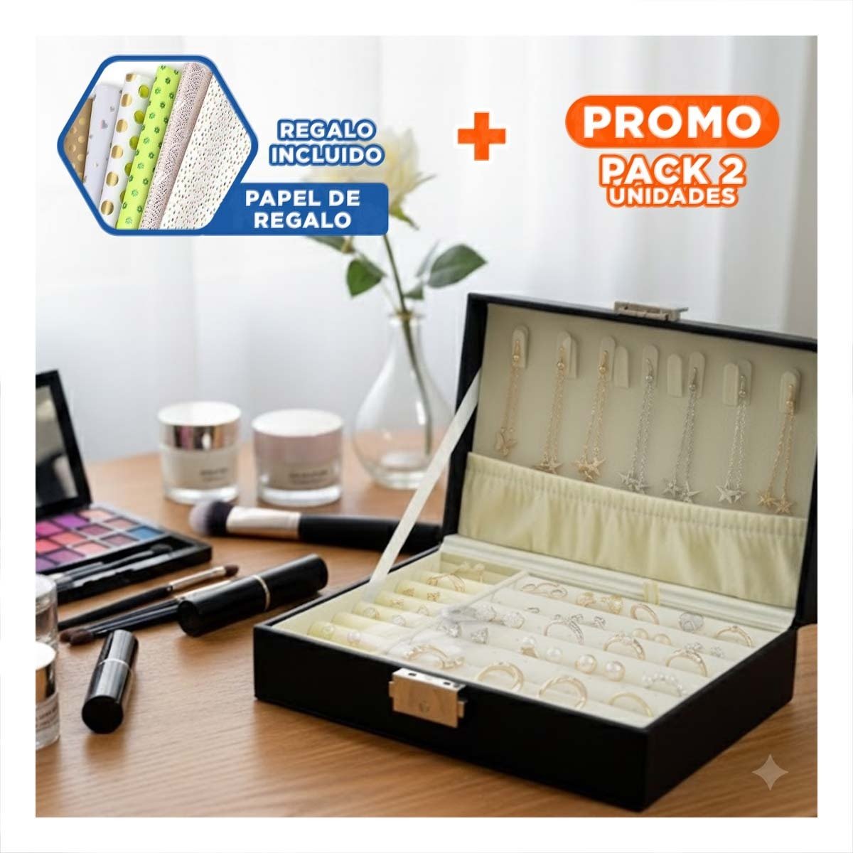 PACK2 GUARDAJOYAS ORGANIZADOR RECTANGULAR NEGRO 20,5X12,5X5,5CM Y+PAPEL REGALO - 1