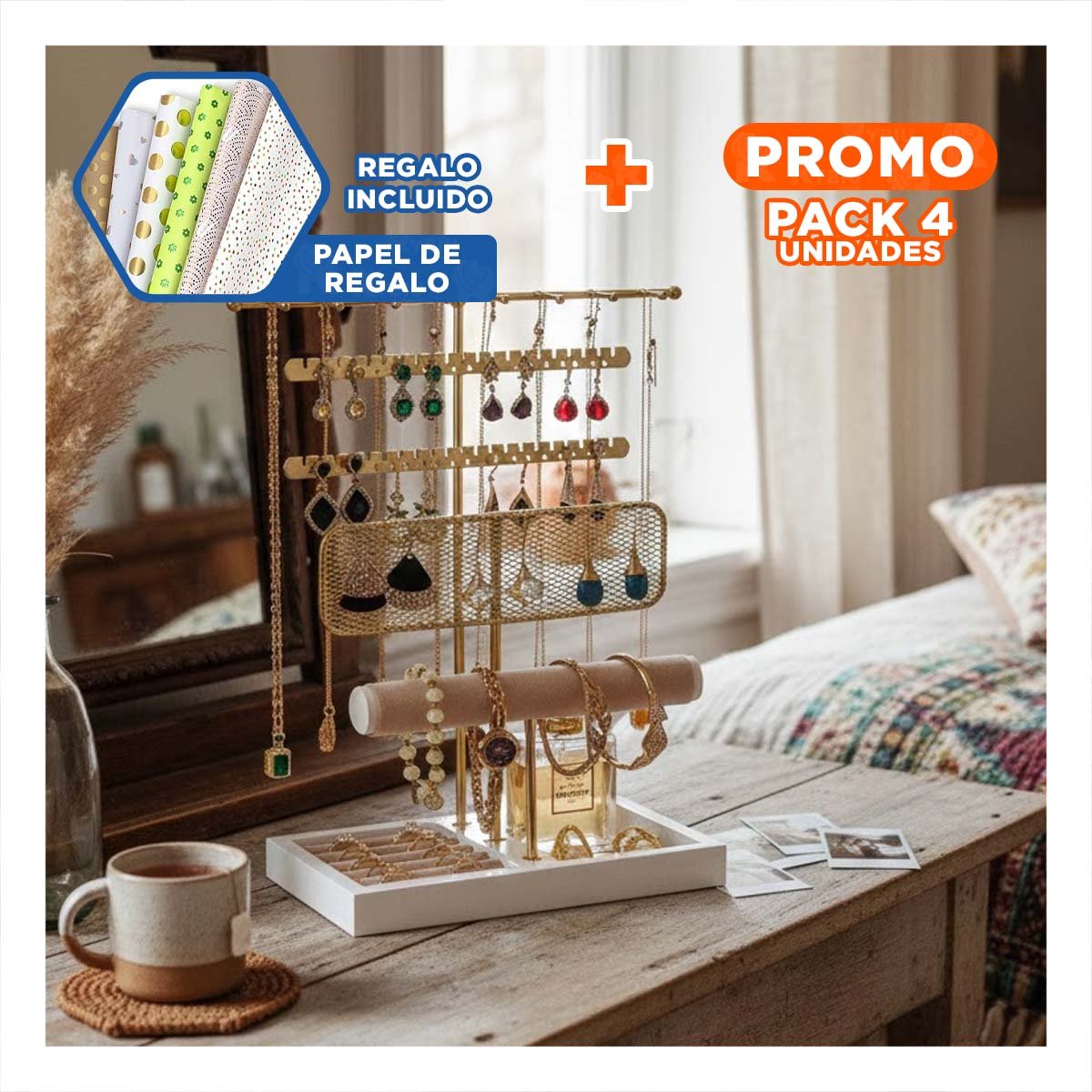PACK4 DISPLAY METALICO DE JOYAS 24,5X32X12CM DORADO PARA ARETES Y+PAPEL REGALO - 1