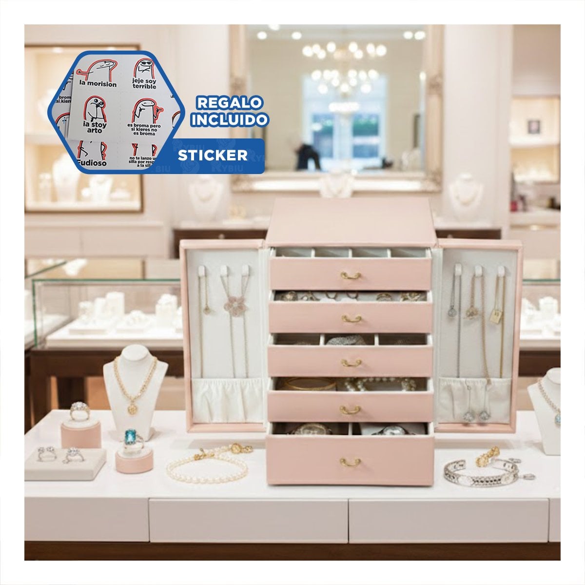 ORGANIZADOR DE BISUTERIA ROSADO CON CINCO NIVELES DE ALMACENAMIENTO Y+REGALO STICKER - 1