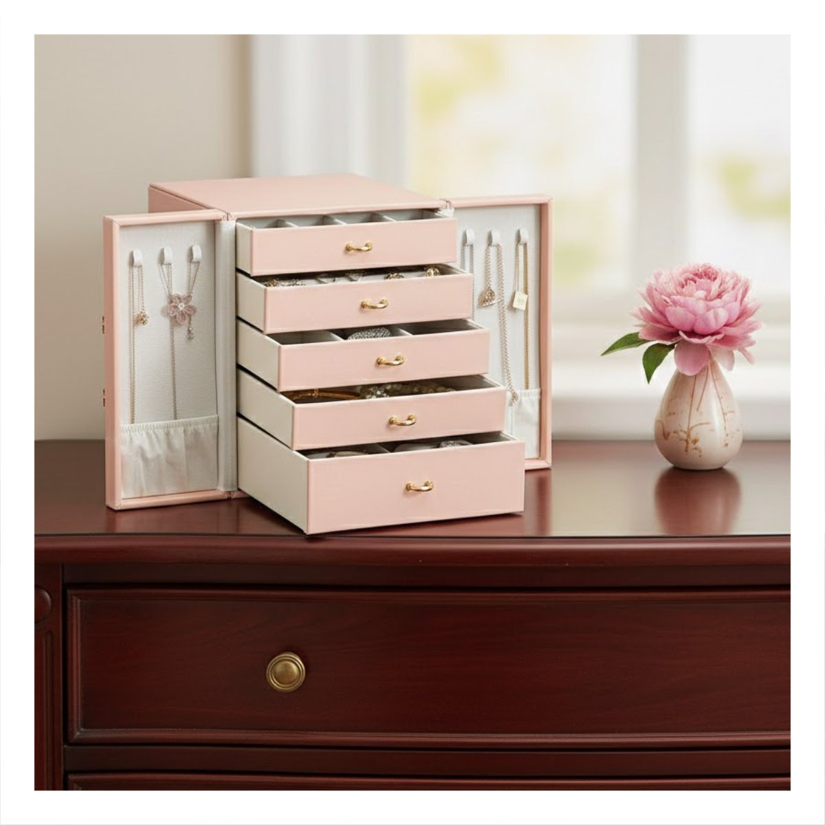 ESTUCHE ORGANIZADOR DE JOYAS ROSADO CON CAJONES Y PUERTAS LATERALES Y+POST IT - 3