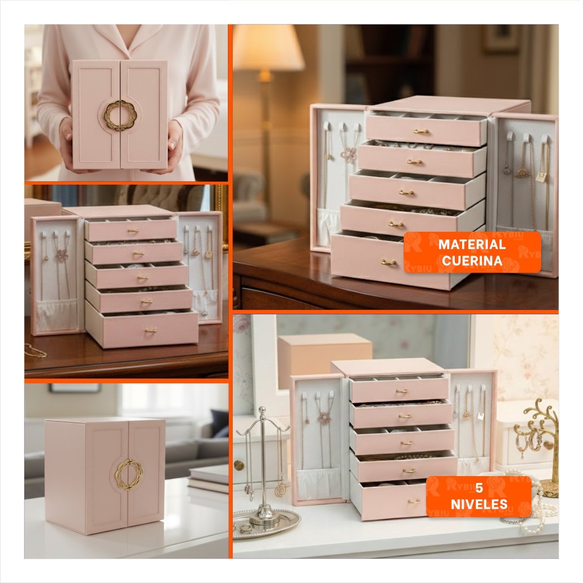 ESTUCHE ORGANIZADOR DE JOYAS ROSADO CON CAJONES Y PUERTAS LATERALES Y+POST IT - 5