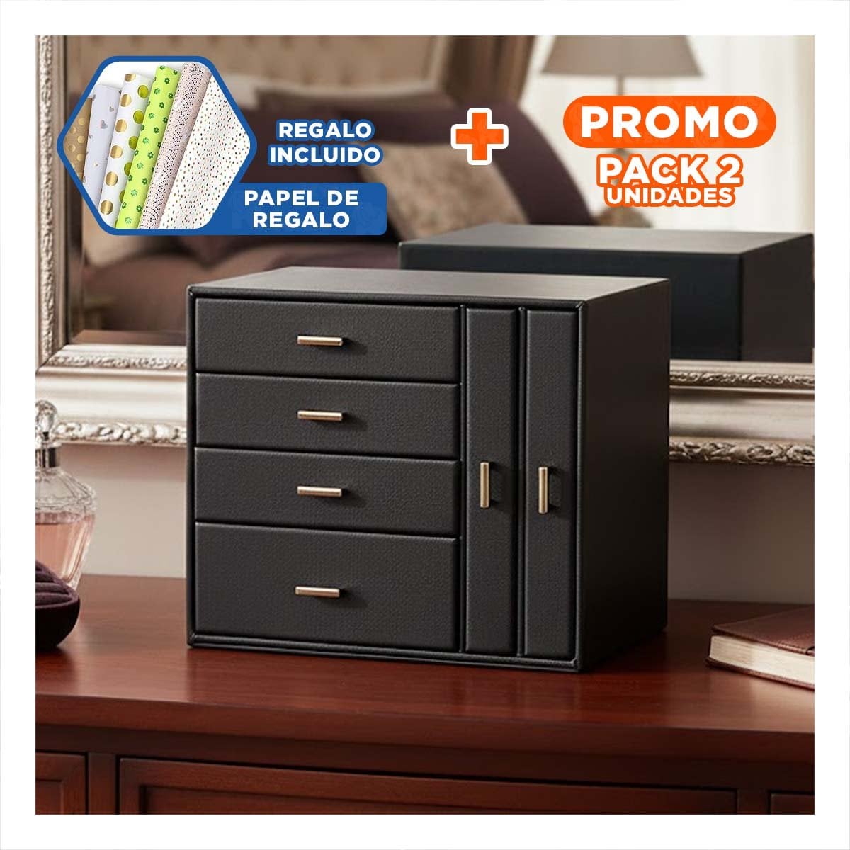 PACK2 COFRE DE ACCESORIOS GRANDE 4 NIVELES HORIZ Y 2 VERT NEGRO Y+PAPEL REGALO - 1