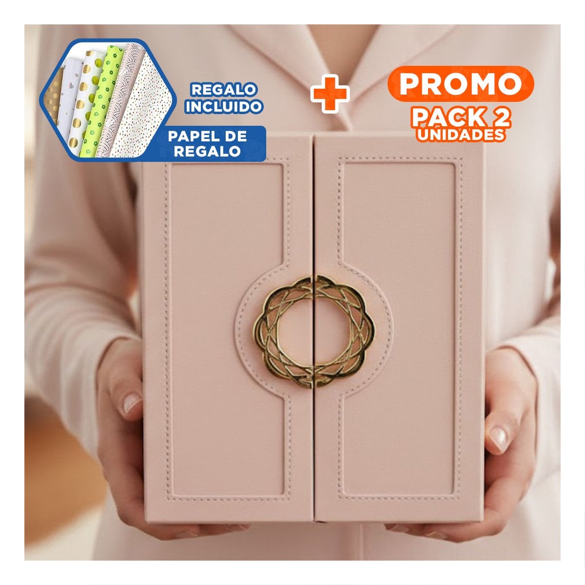 PACK2 JOYERO ROSADO CON CAJONES AMPLIOS PARA GUARDAR ACCESORIOS CON CUIDADO Y+PAPEL REGALO - 1