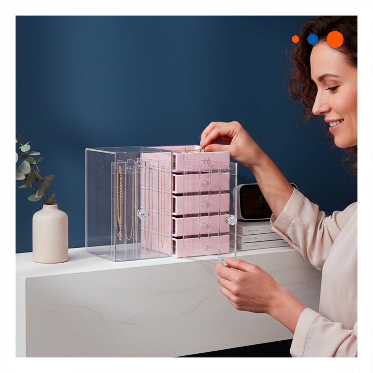 CAJA 5 CAJONES Y 3 PUERTAS EN TERCIOPELO ROSADO ORGANIZADOR ELEGANTE - 2