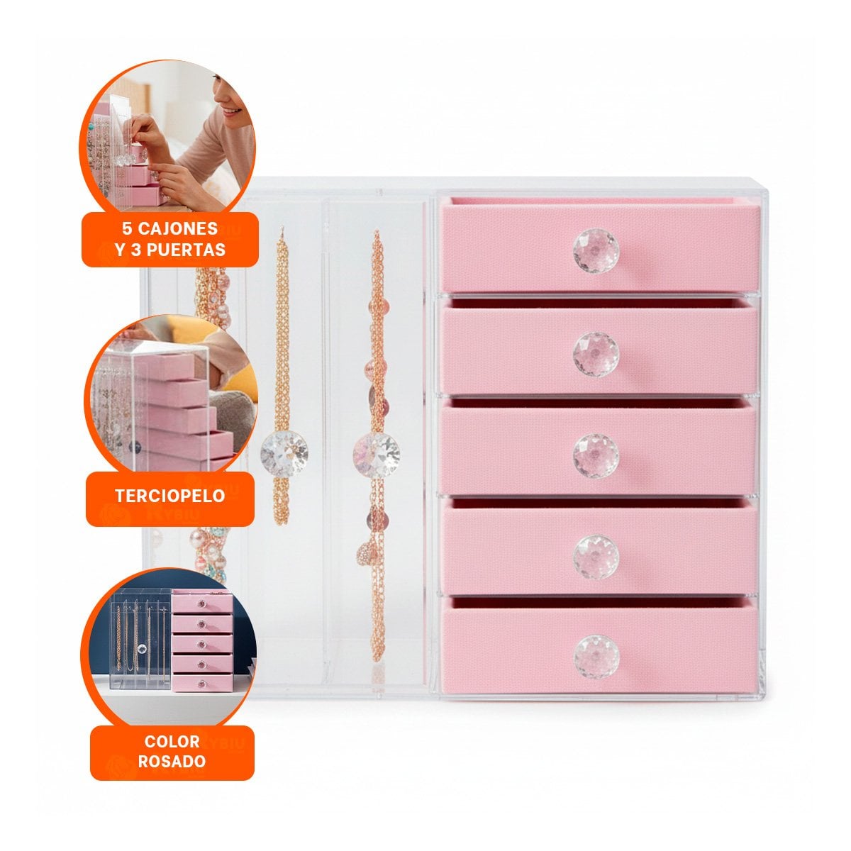 CAJA 5 CAJONES Y 3 PUERTAS EN TERCIOPELO ROSADO ORGANIZADOR ELEGANTE - 3