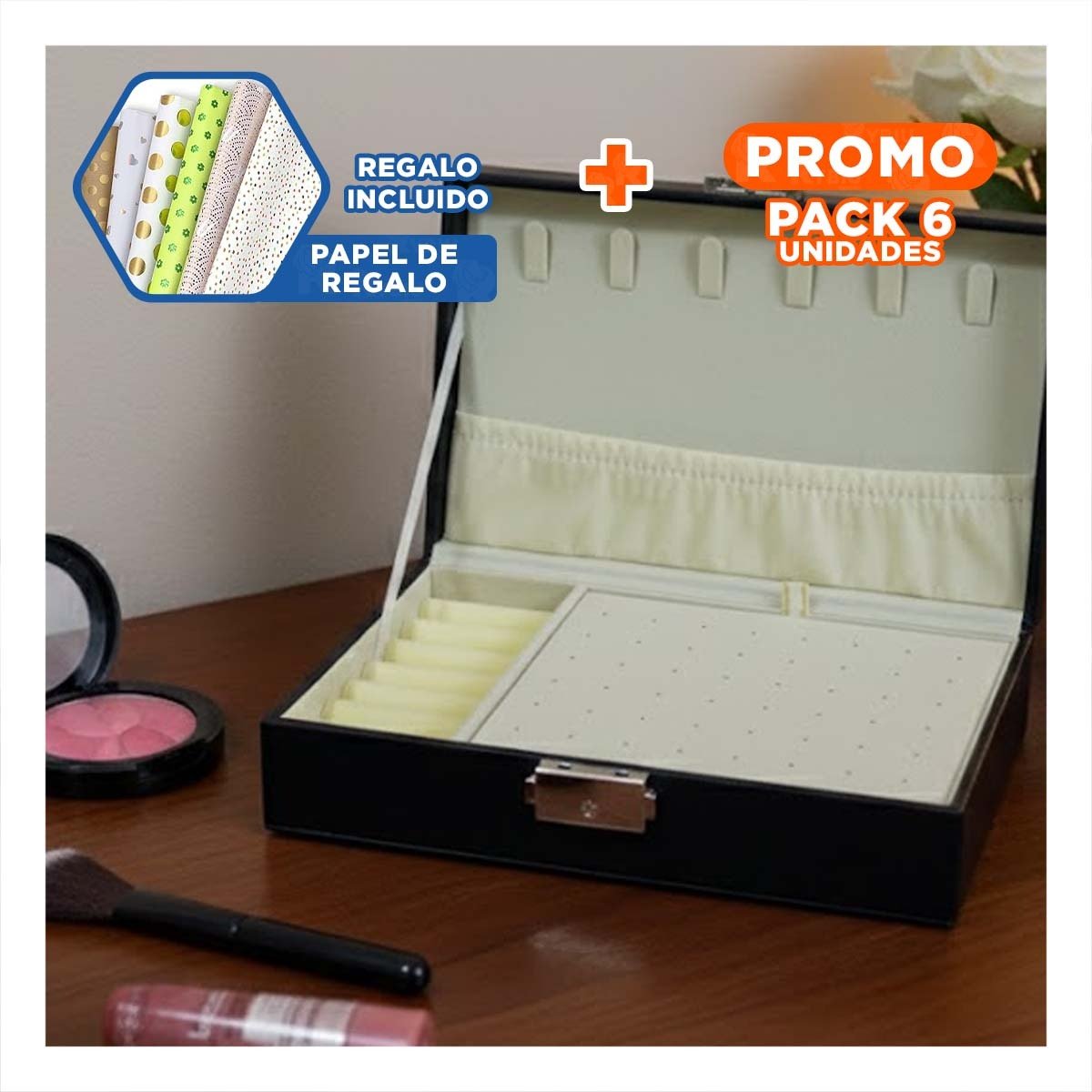 PACK6 CAJA DE JOYERIA RECTANGULAR NEGRO 20,5X12,5X5,5CM CON TAPA Y+PAPEL REGALO - 1