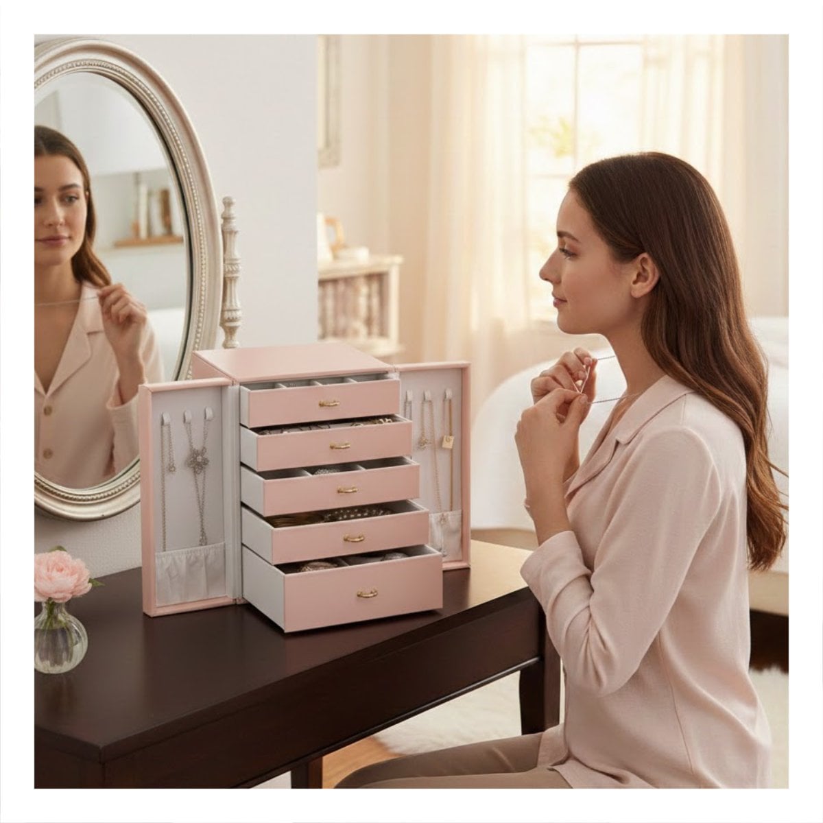 JOYERO DE MESA ROSADO CON DIVISIONES INTERNAS PARA MEJOR ORDEN Y+LIGAS REGALO - 2