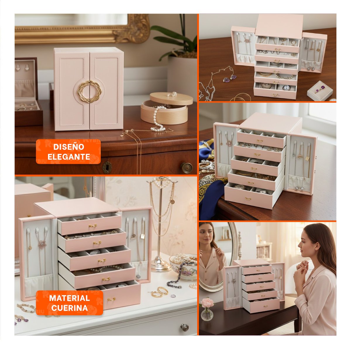 JOYERO DE MESA ROSADO CON DIVISIONES INTERNAS PARA MEJOR ORDEN Y+LIGAS REGALO - 5