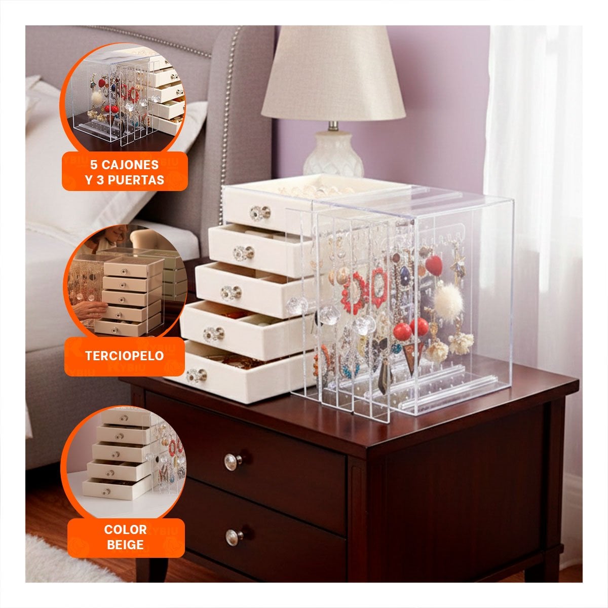 ORGANIZADOR 5 CAJONES Y 3 PUERTAS EN TERCIOPELO BEIGE PARA TOCADOR Y+PAPEL REGALO - 5