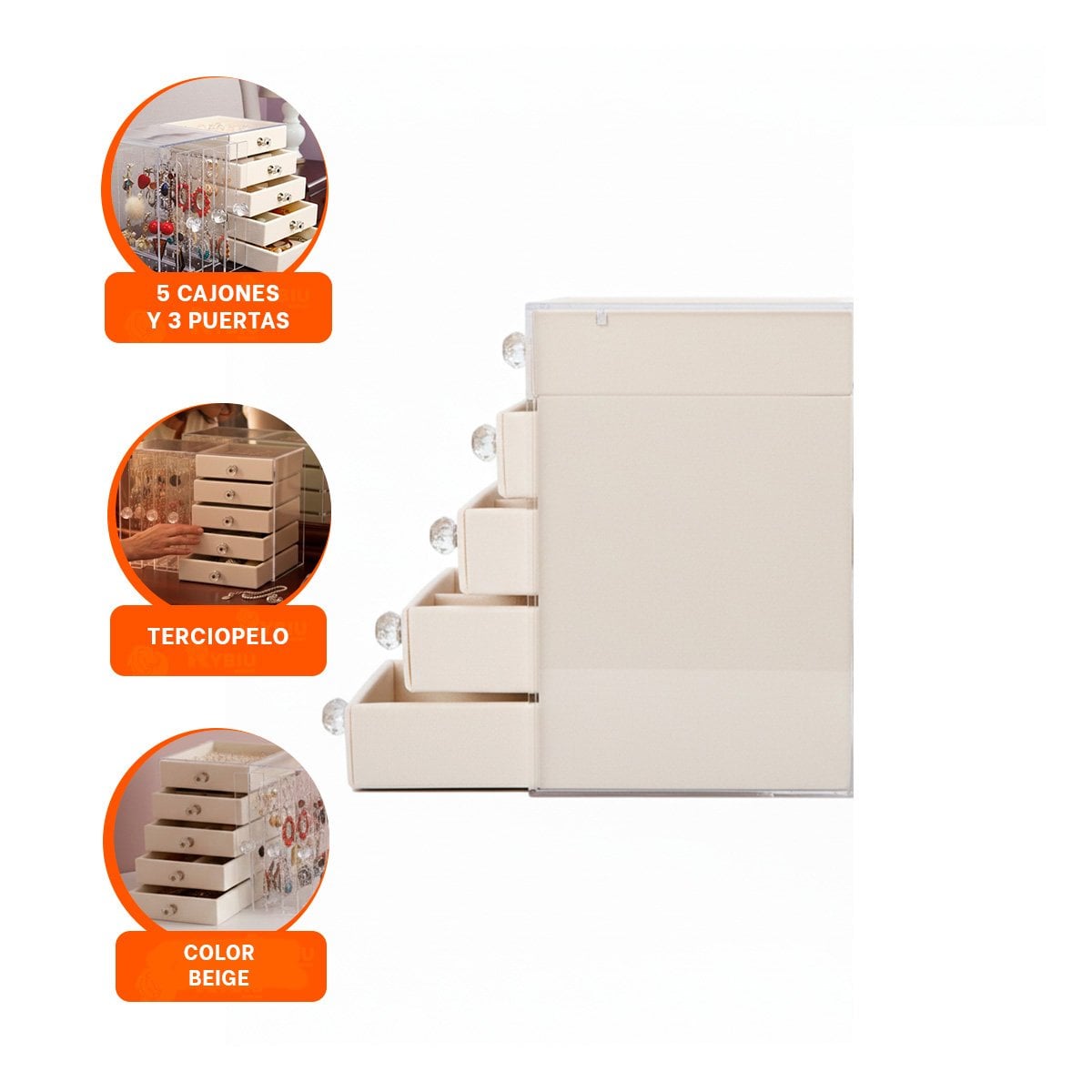 COFRE 5 CAJONES Y 3 PUERTAS EN TERCIOPELO BEIGE PARA ACCESORIOS - 3