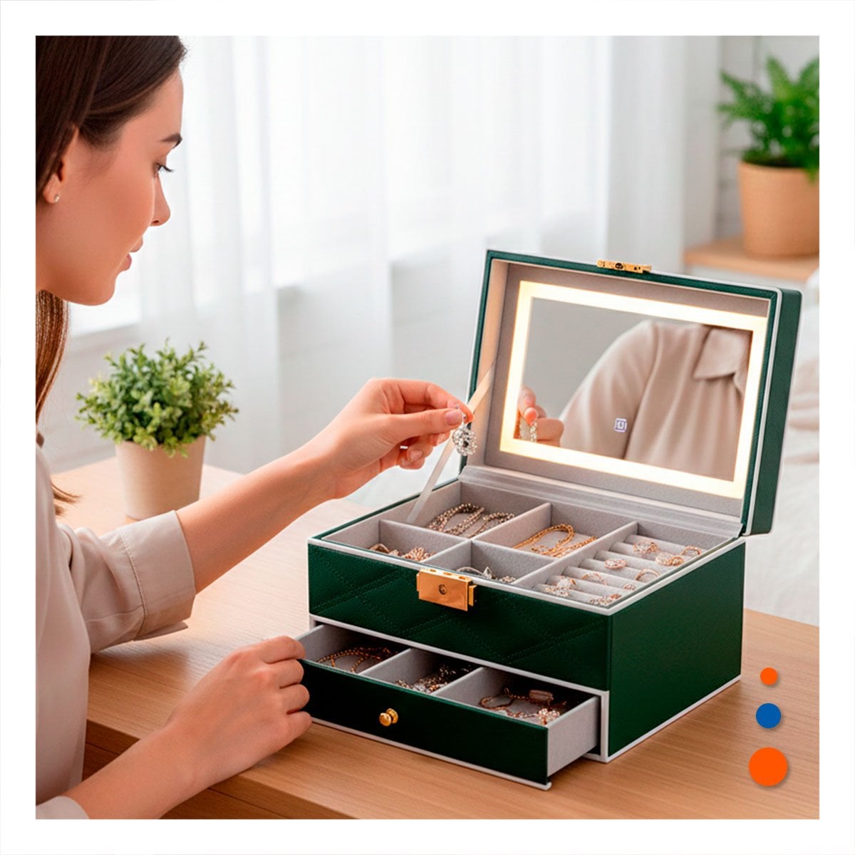 ESTUCHE DE ACCESORIOS 2 NIVELES CON ESPEJO LED VERDE PARA ORGANIZACION Y+LIGAS REGALO - 1