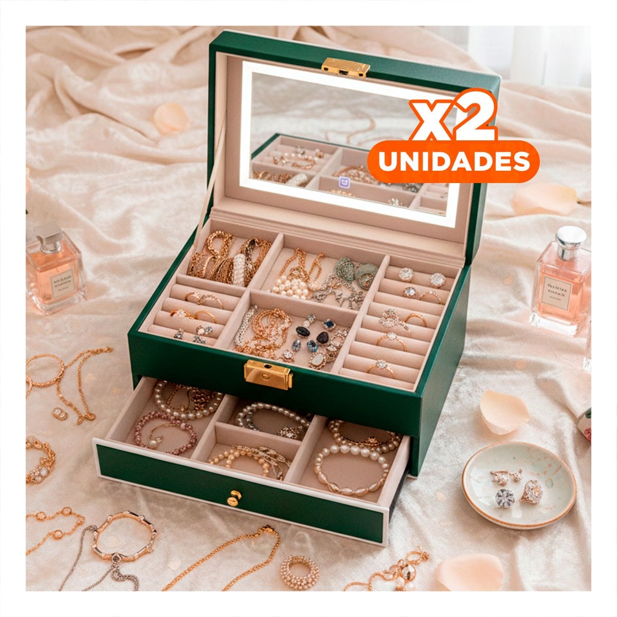 PACK2 CAJA COMPACTA 2 NIVELES CON ESPEJO LED VERDE PARA ACCESORIOS Y+REGALO STICKER - 1