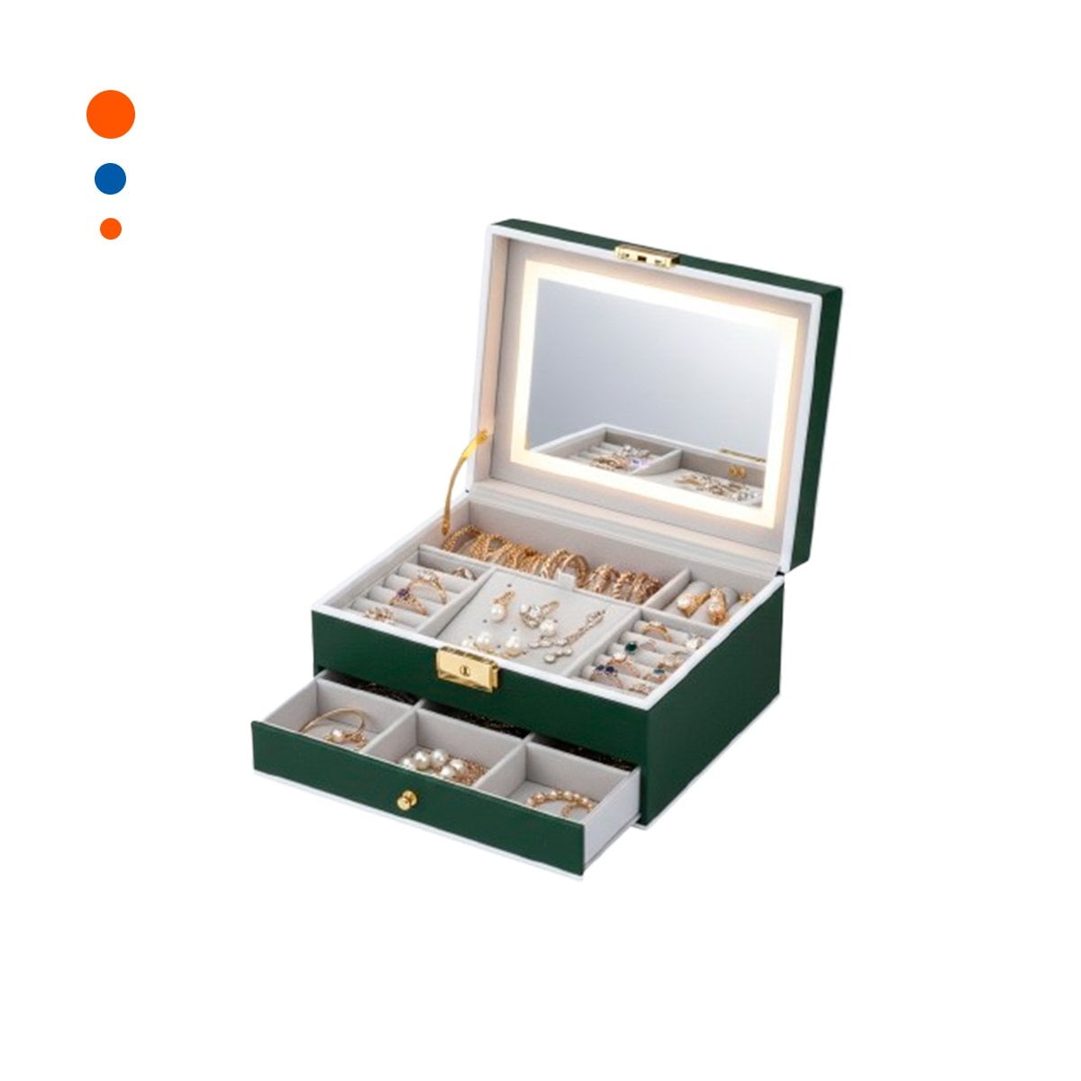 PACK2 CAJA COMPACTA 2 NIVELES CON ESPEJO LED VERDE PARA ACCESORIOS Y+REGALO STICKER - 2
