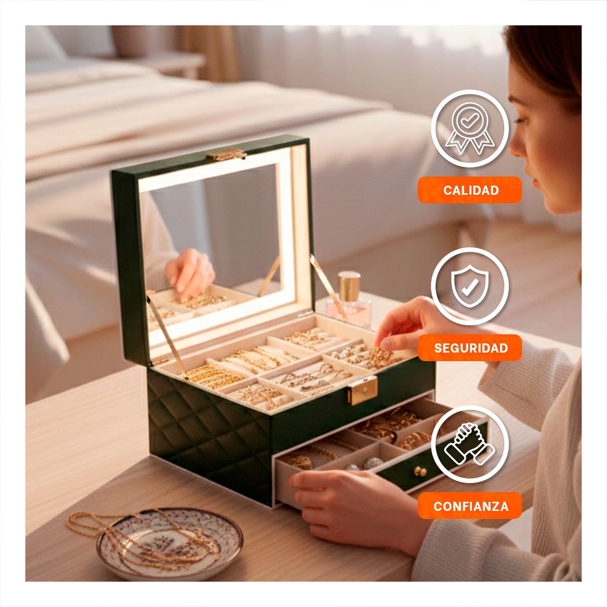 PACK2 CAJA COMPACTA 2 NIVELES CON ESPEJO LED VERDE PARA ACCESORIOS Y+REGALO STICKER - 5