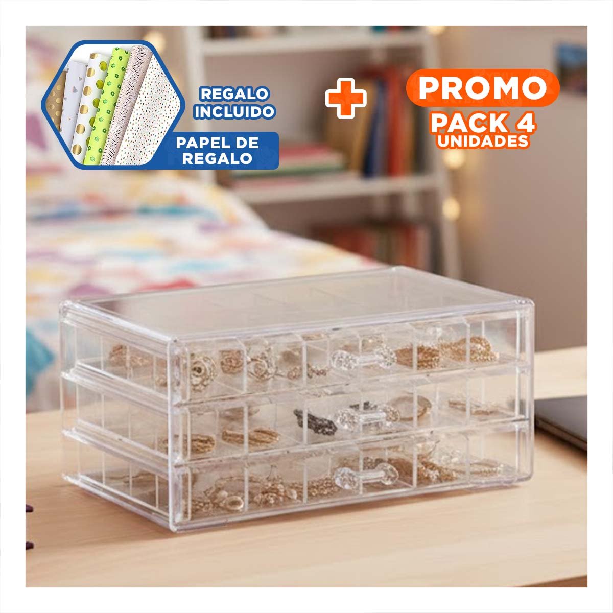 PACK4 CAJA ORGANIZADORA ACRILICA 3 NIVELES CON 72 DIVISIONES TRANSPARENTE Y+PAPEL REGALO - 1