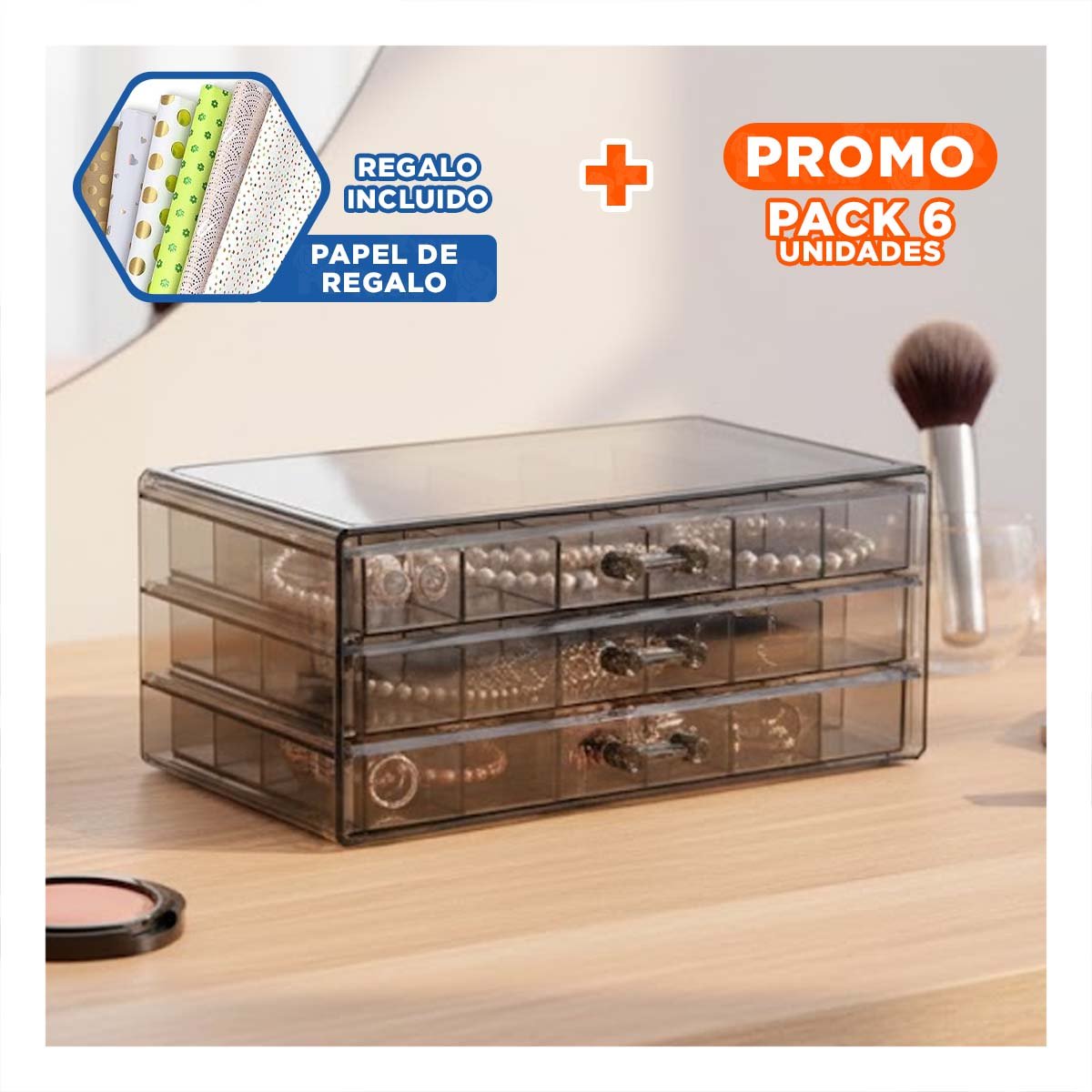 PACK6 EXHIBIDOR DE ACRILICO 3 NIVELES 72 DIVISIONES NEGRO TRANSPARENTE Y+PAPEL REGALO - 1