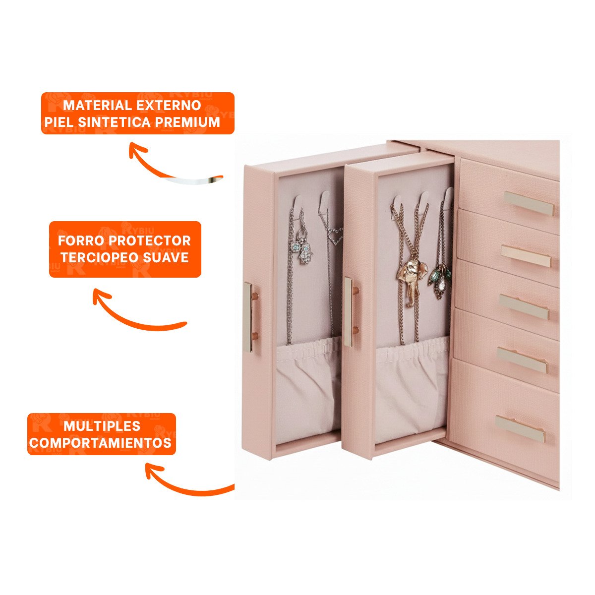 CAJA DE JOYAS ROSADA CON DISEÑO ELEGANTE Y AMPLIO ESPACIO INTERIOR - 3
