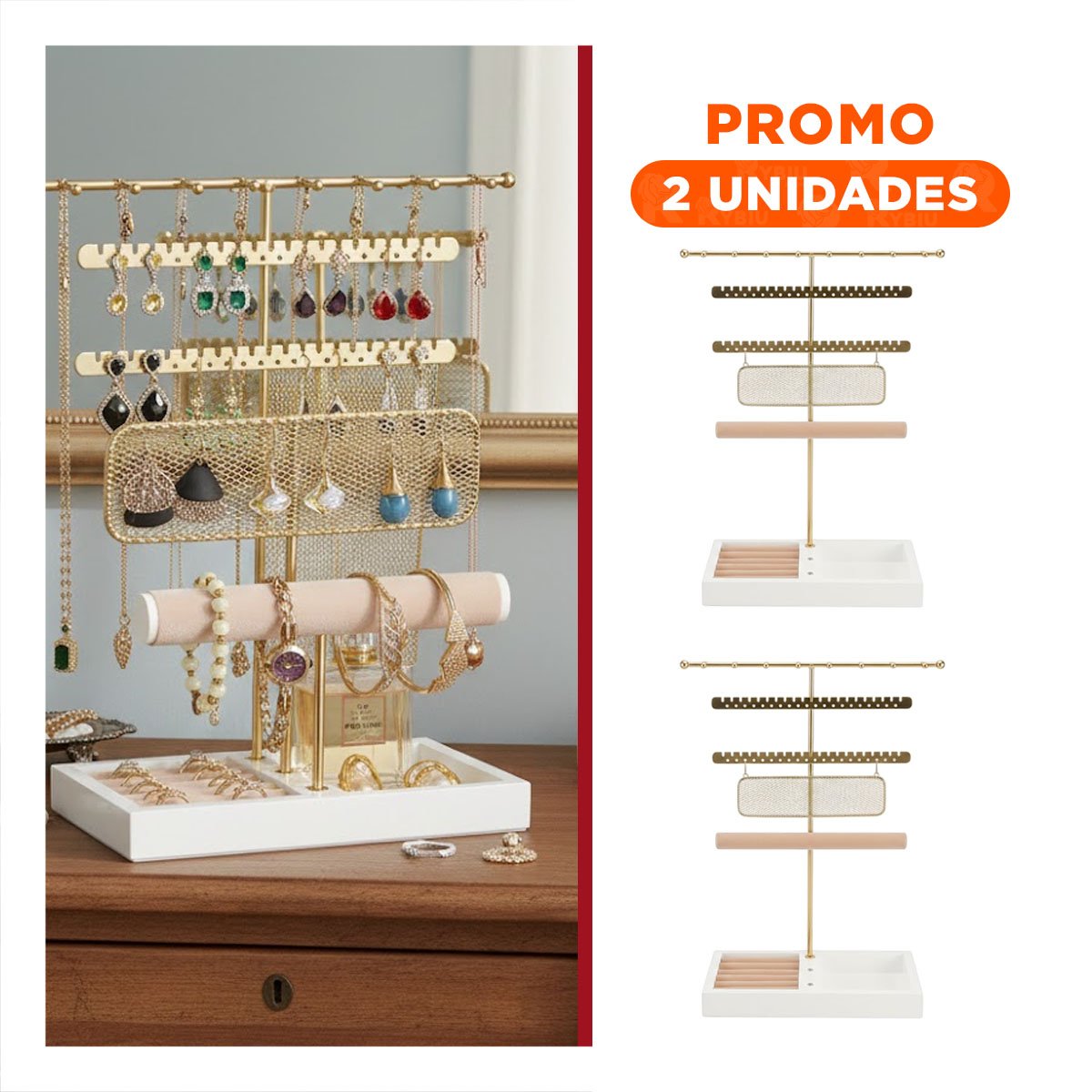 PACK2 SOPORTE DECORATIVO DE JOYAS 24,5X32X12CM DORADO PARA ACCESORIOS - 1