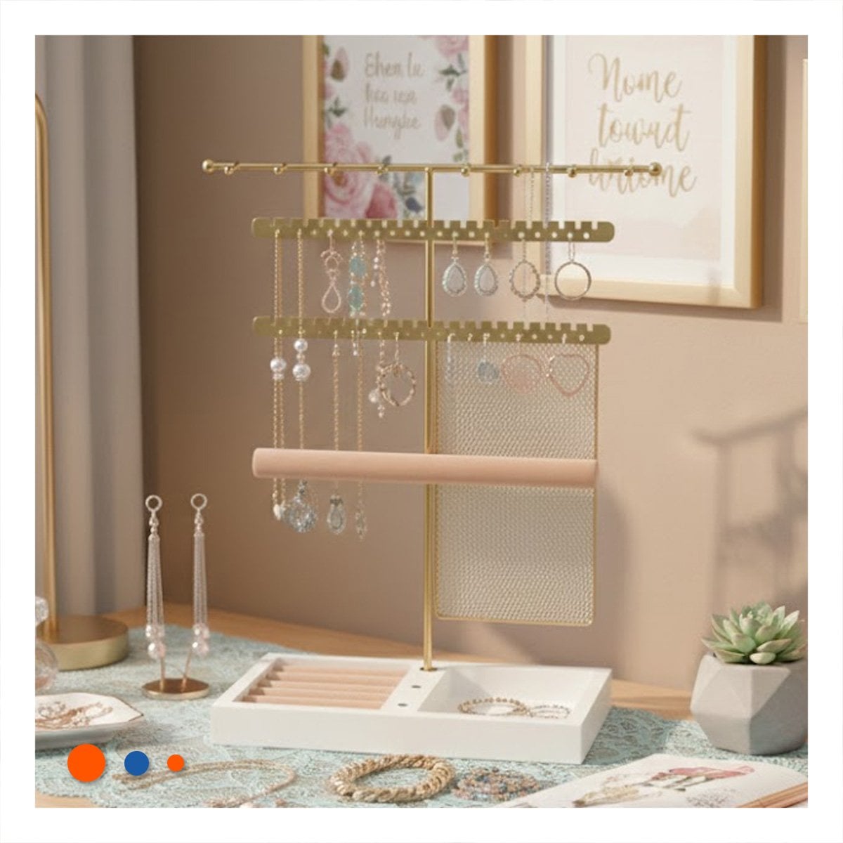 PACK2 SOPORTE DECORATIVO DE JOYAS 24,5X32X12CM DORADO PARA ACCESORIOS - 3