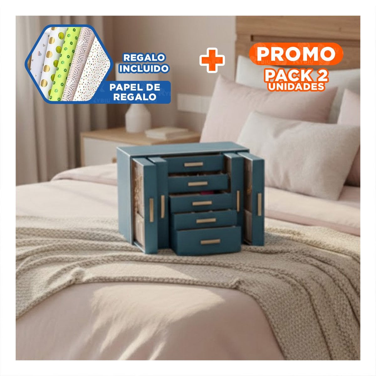 PACK2 JOYERO CELESTE PARA TOCADOR CON ESPACIOS ESPECIALES PARA BISUTERIA Y+PAPEL REGALO - 1