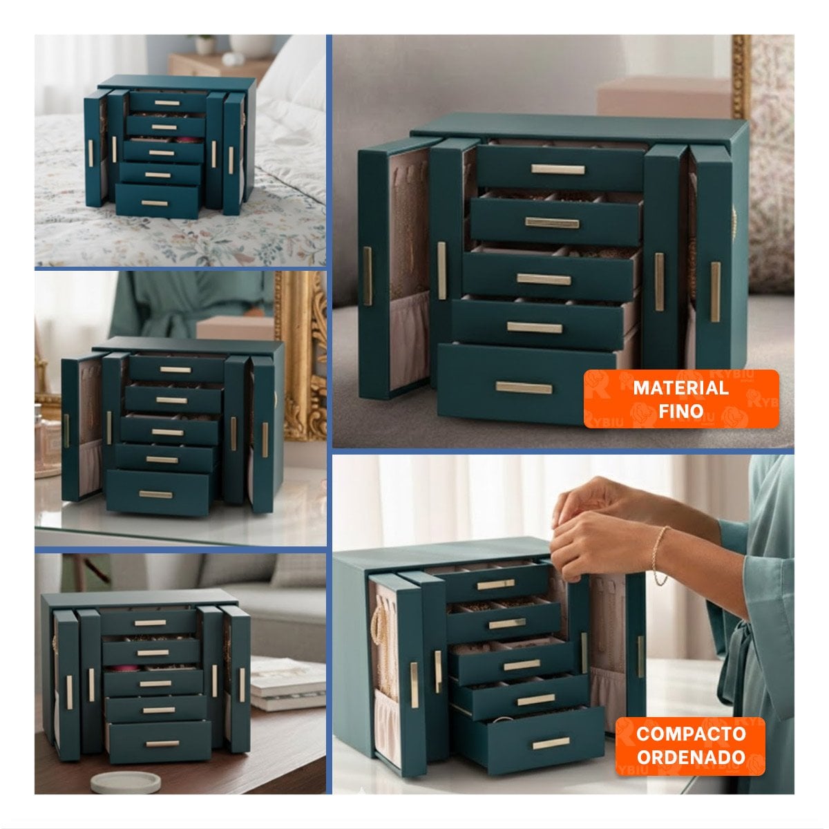 PACK2 JOYERO CELESTE PARA TOCADOR CON ESPACIOS ESPECIALES PARA BISUTERIA Y+PAPEL REGALO - 3