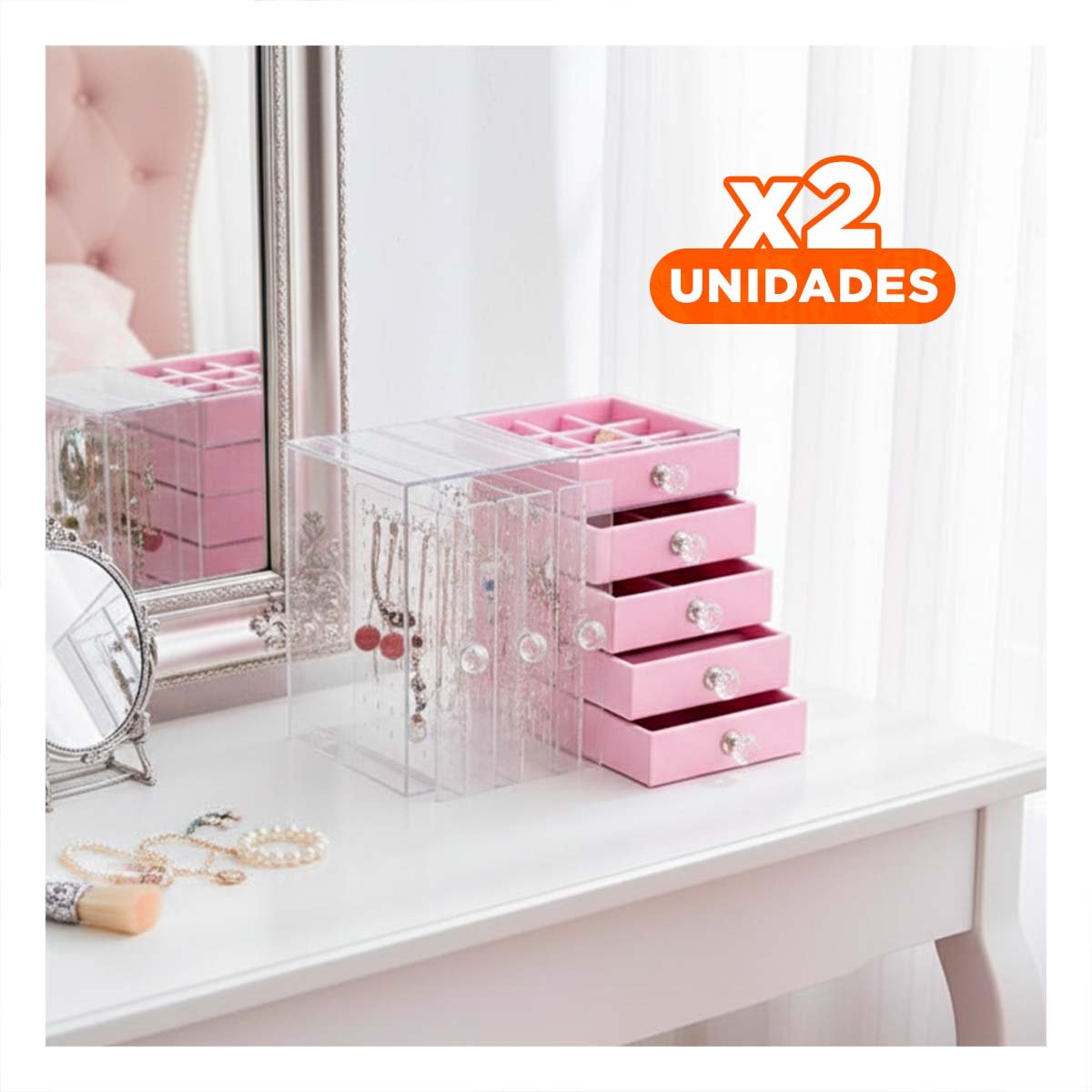 PACK2 ALHAJERO 5 CAJONES Y 3 PUERTAS EN TERCIOPELO ROSADO ESTILO MODERNO Y+REGALO STICKER - 1