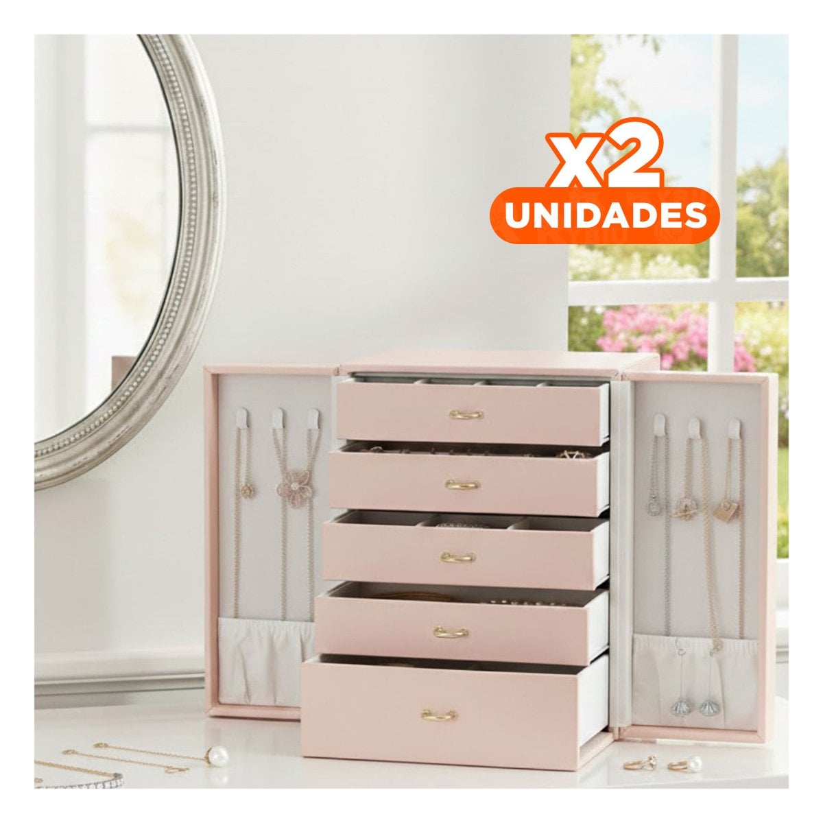 PACK2 ESTUCHE ORGANIZADOR ROSADO CON 5 PISOS PARA CLASIFICAR JOYAS FACILMENTE Y+REGALO STICKER - 1