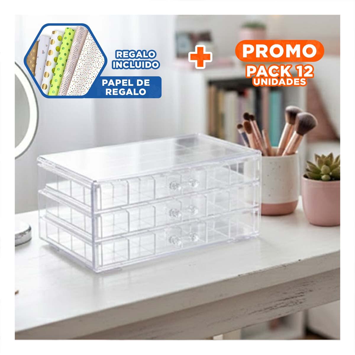 PACK12 ESTUCHE ORGANIZADOR DE MESA ACRILICO 3 NIVELES 72 DIVISIONES TRANSPARENTE Y+PAPEL REGALO - 1