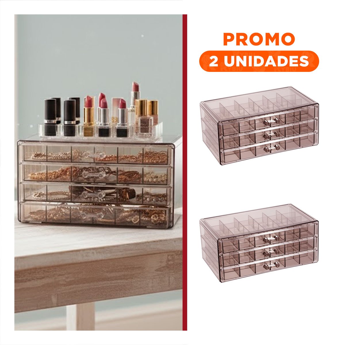 PACK2 CAJA PARA ACCESORIOS DE ACRILICO 3 NIVELES 72 DIVISIONES MARRON TRANSPARENTE - 1