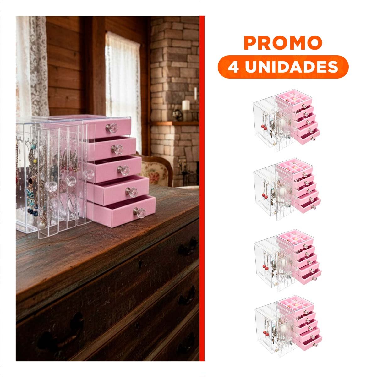 PACK4 CAJA 5 CAJONES Y 3 PUERTAS EN TERCIOPELO ROSADO PARA TOCADOR Y+REGALO STICKER - 1