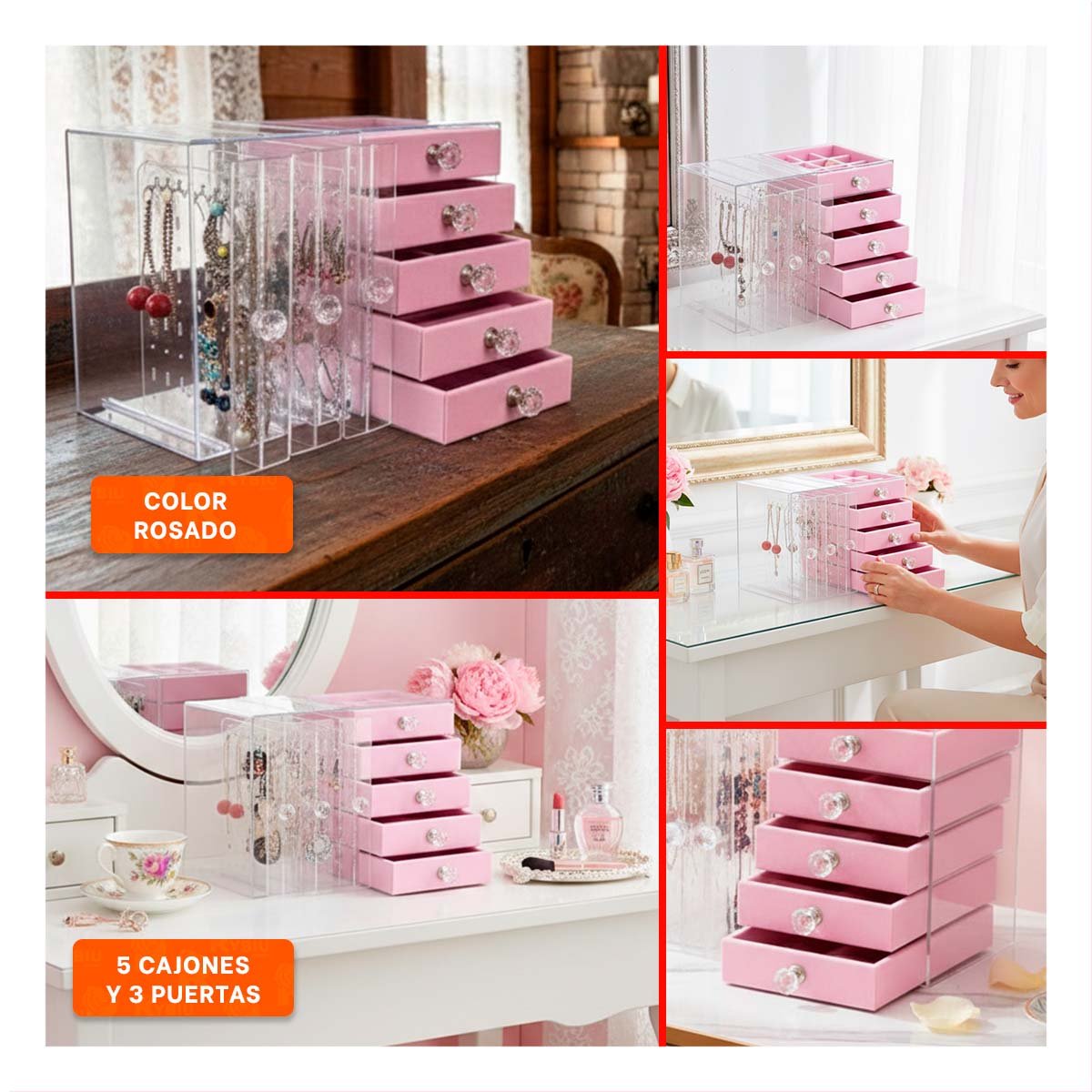 PACK4 CAJA 5 CAJONES Y 3 PUERTAS EN TERCIOPELO ROSADO PARA TOCADOR Y+REGALO STICKER - 2