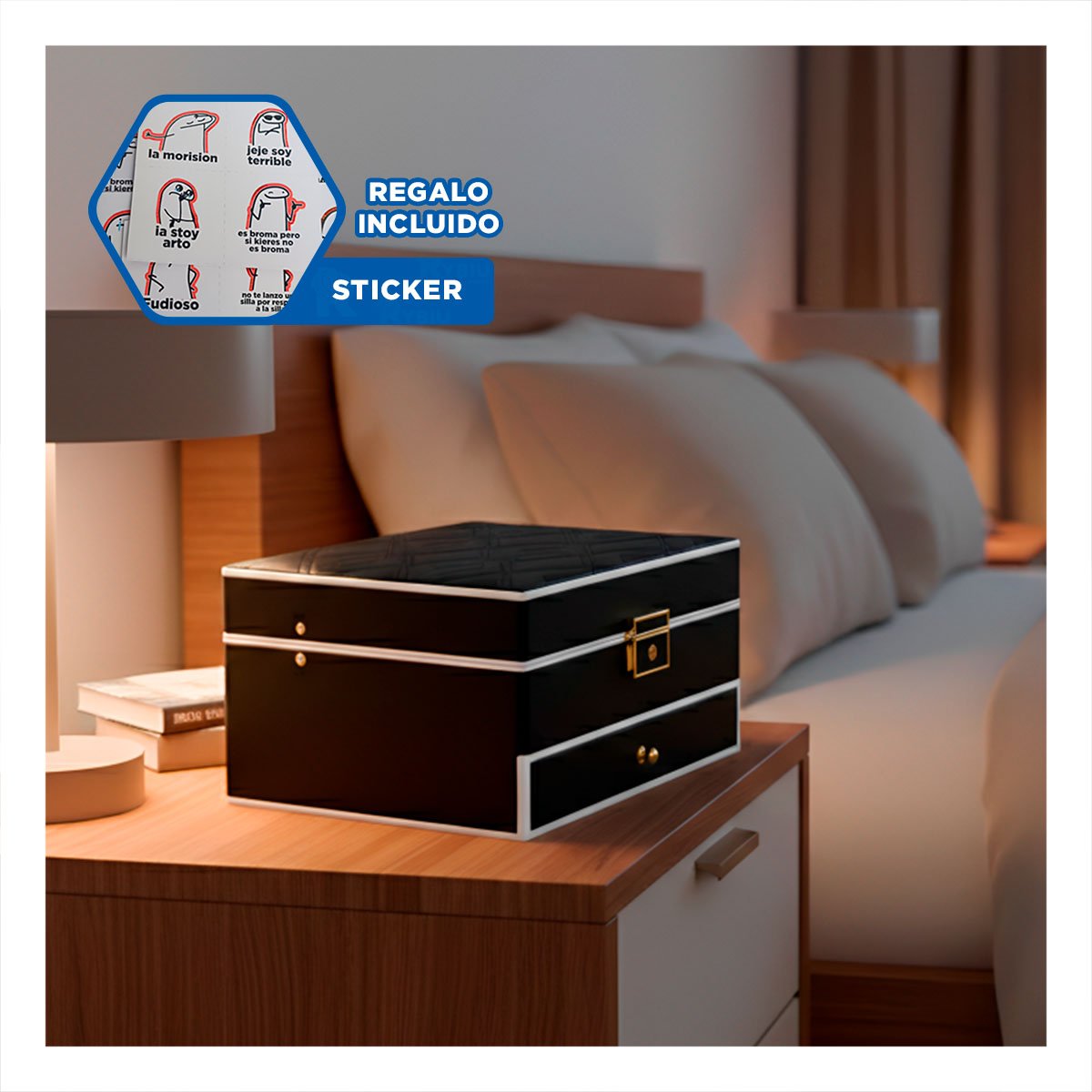 CAJA DE ACCESORIOS 2 NIVELES CON ESPEJO LED NEGRO PARA DORMITORIO Y+REGALO STICKER - 1