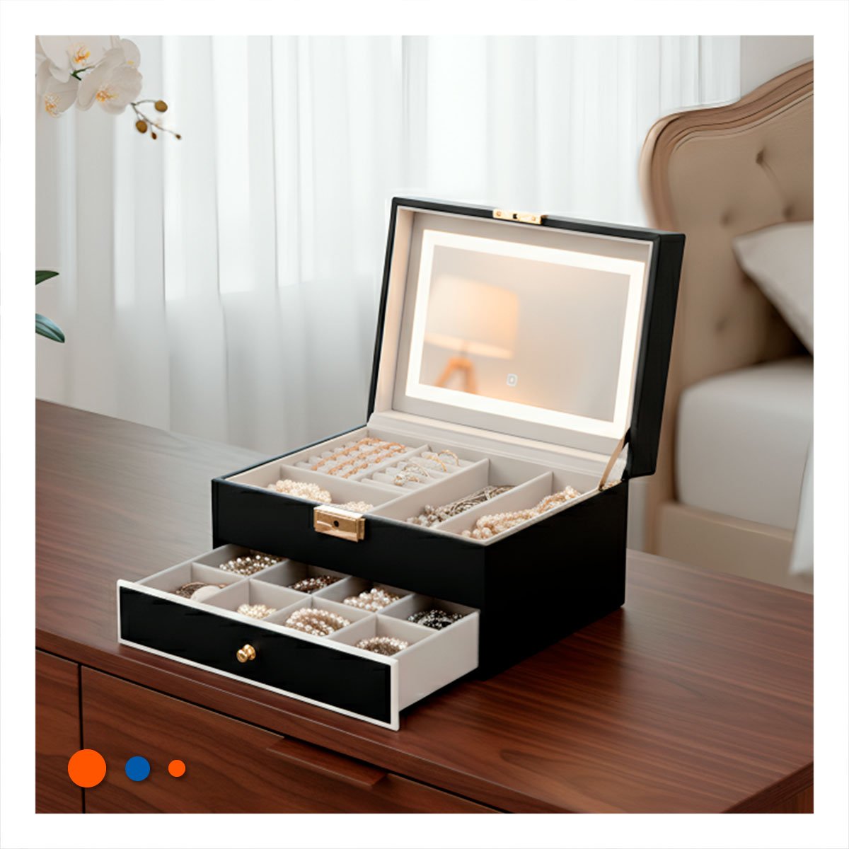CAJA DE ACCESORIOS 2 NIVELES CON ESPEJO LED NEGRO PARA DORMITORIO Y+REGALO STICKER - 2