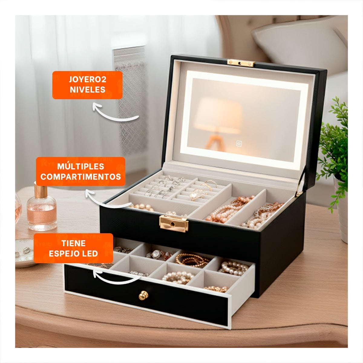 CAJA DE ACCESORIOS 2 NIVELES CON ESPEJO LED NEGRO PARA DORMITORIO Y+REGALO STICKER - 5