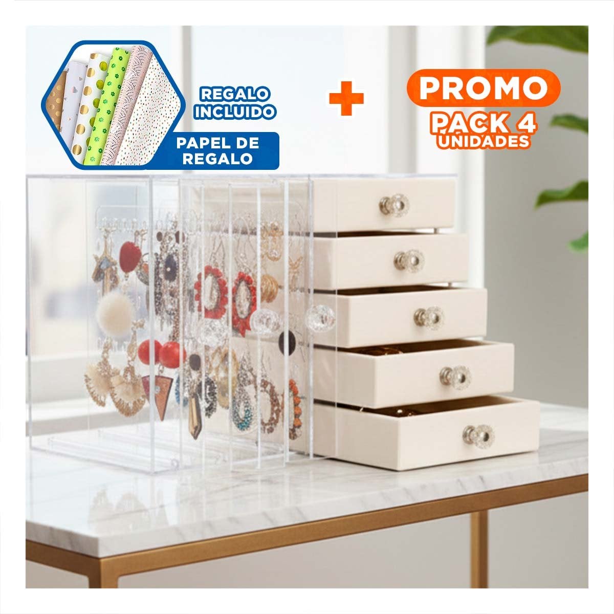 PACK4 JOYERO 5 CAJONES Y 3 PUERTAS EN TERCIOPELO BEIGE DISENO MODERNO Y+PAPEL REGALO - 1