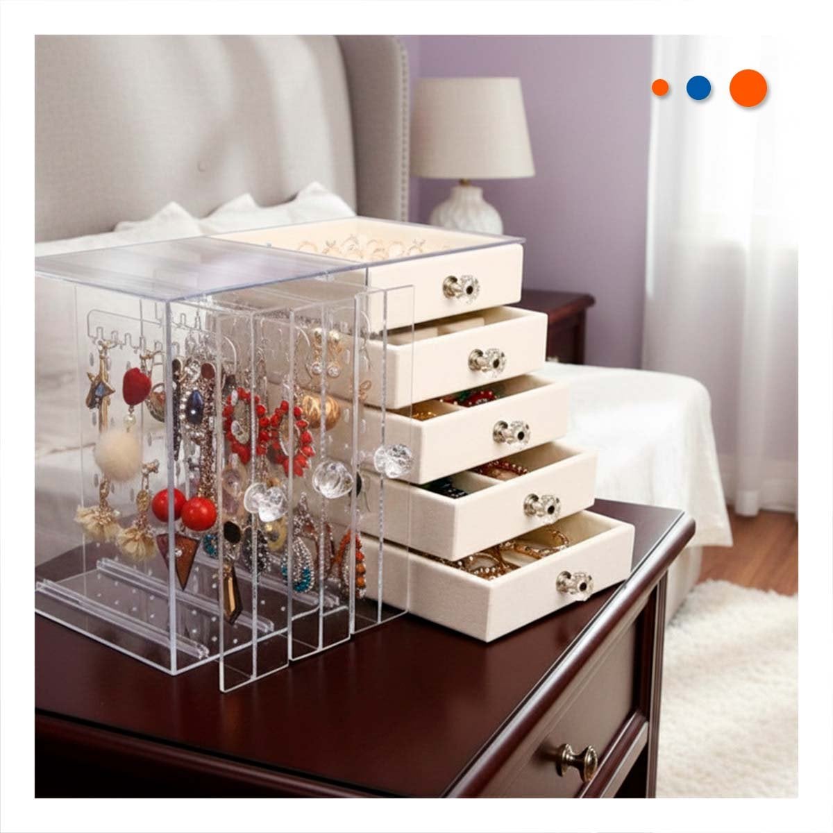 PACK4 JOYERO 5 CAJONES Y 3 PUERTAS EN TERCIOPELO BEIGE DISENO MODERNO Y+PAPEL REGALO - 2