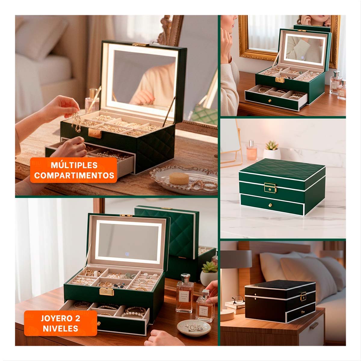 JOYERO 2 NIVELES CON ESPEJO LED VERDE PARA ORGANIZACION EN DORMITORIO - 5