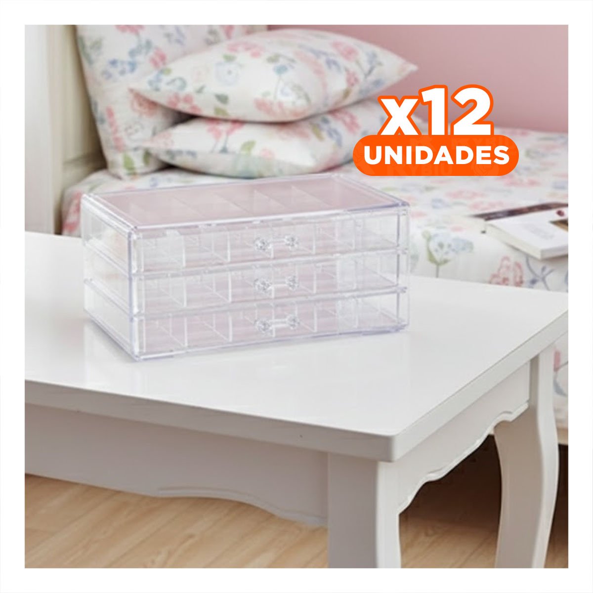 PACK12 CONTENEDOR ORGANIZADOR DE MESA ACRILICO 3 NIVELES 72 DIVISIONES TRANSPARENTE - 1