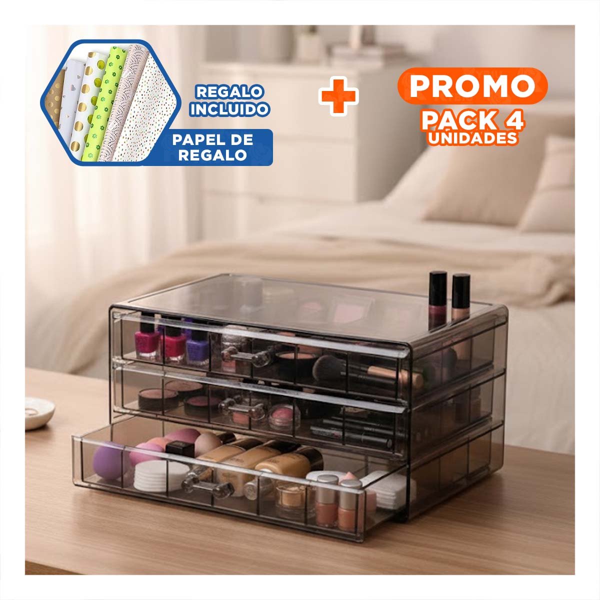 PACK4 ORGANIZADOR DE ACCESORIOS NIVELES 72 DIVISIONES NEGRO TRANSPARENTE Y+PAPEL REGALO - 1