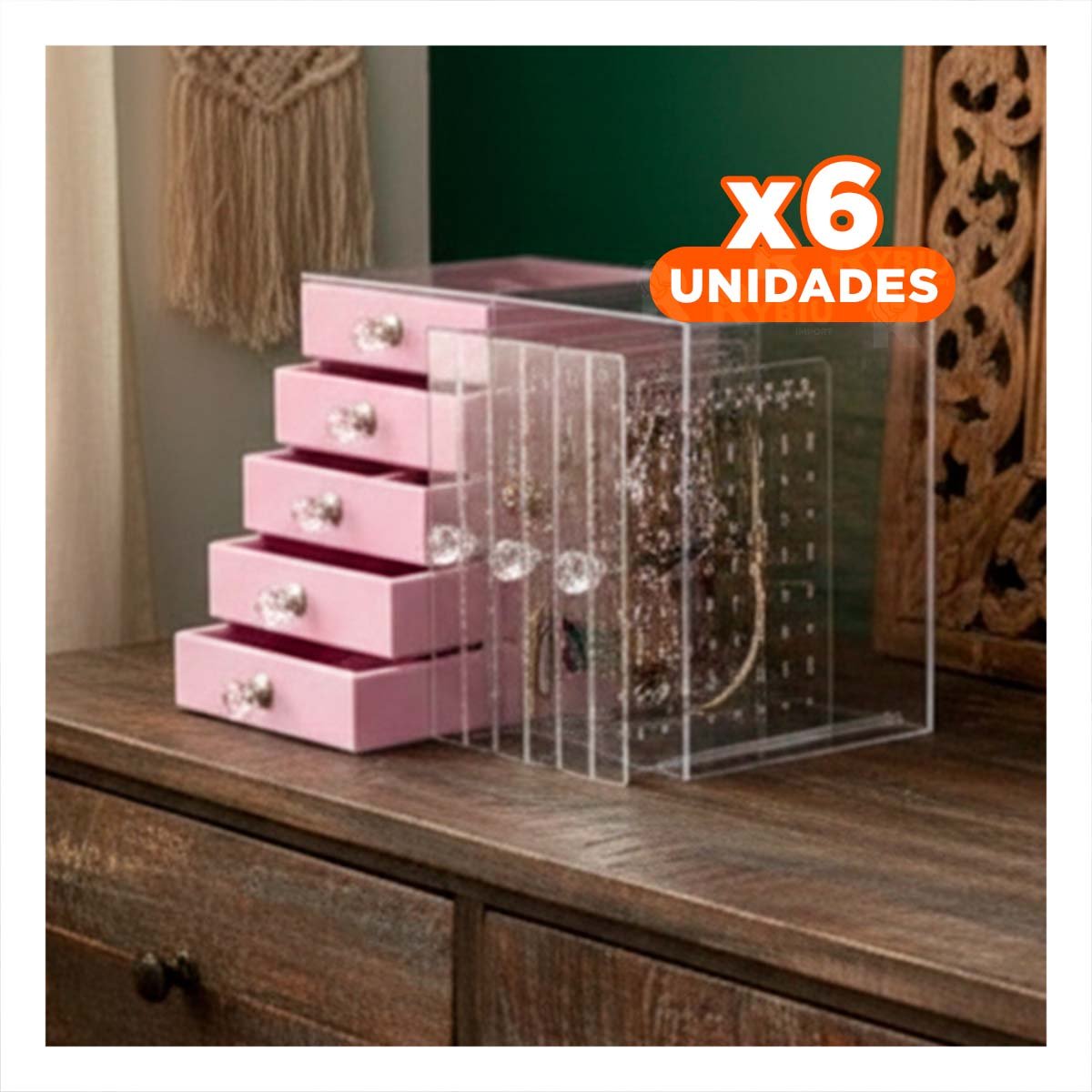 PACK6 COFRE 5 CAJONES Y 3 PUERTAS EN TERCIOPELO ROSADO ESTILO ELEGANTE Y+REGALO STICKER - 1