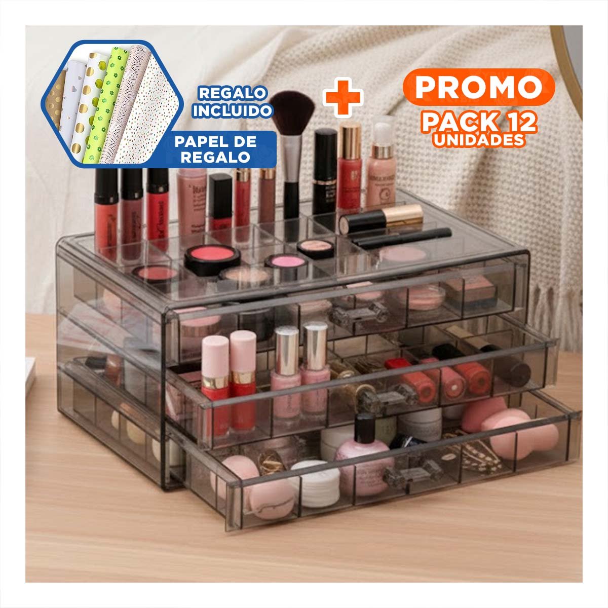 PACK12 ESTUCHE ACRILICO CON 3 NIVELES 72 DIVISIONES NEGRO TRANSPARENTE Y+PAPEL REGALO - 1