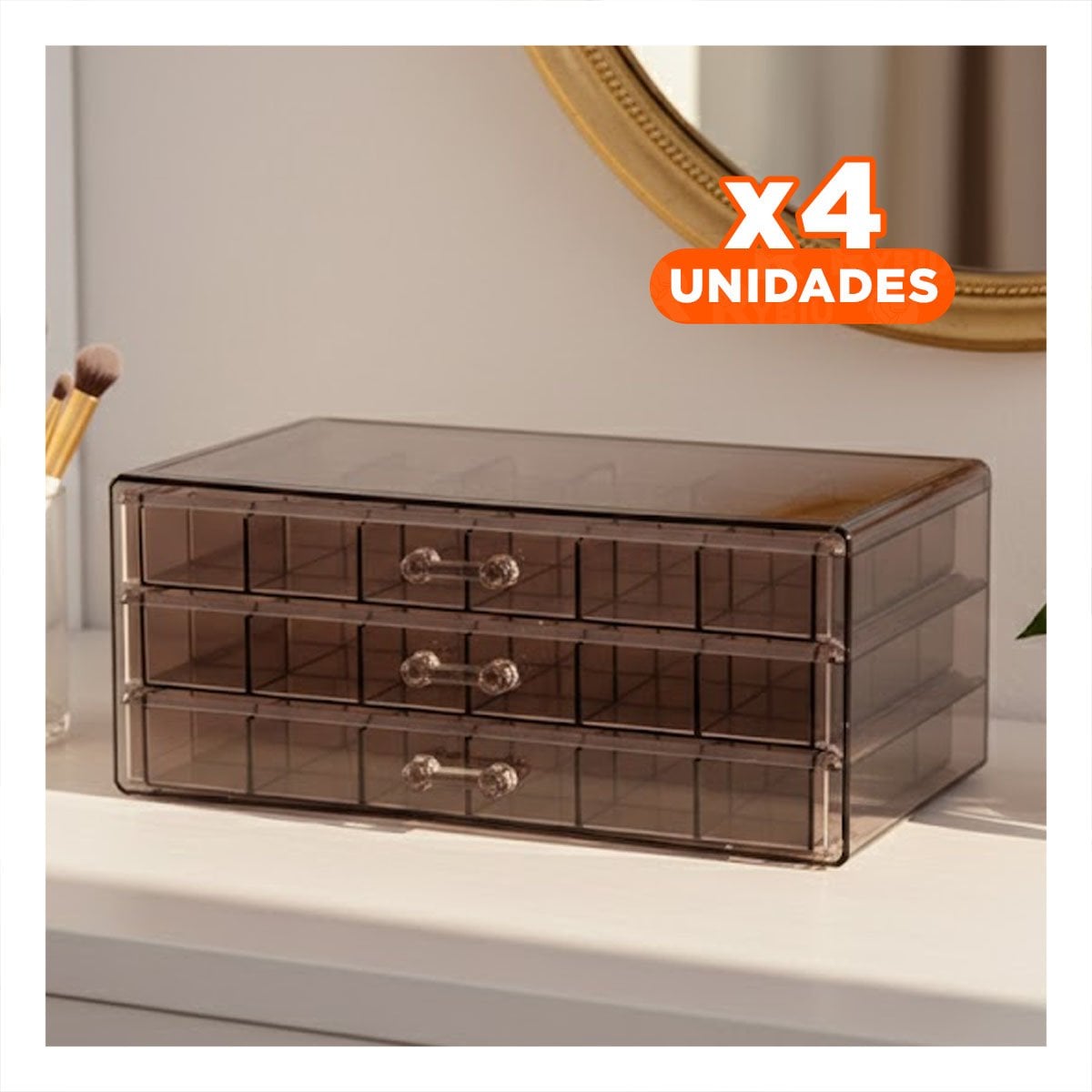 PACK4 ORGANIZADOR ACRILICO 3 NIVELES CON 72 DIVISIONES COLOR MARRON TRANSPARENTE - 1