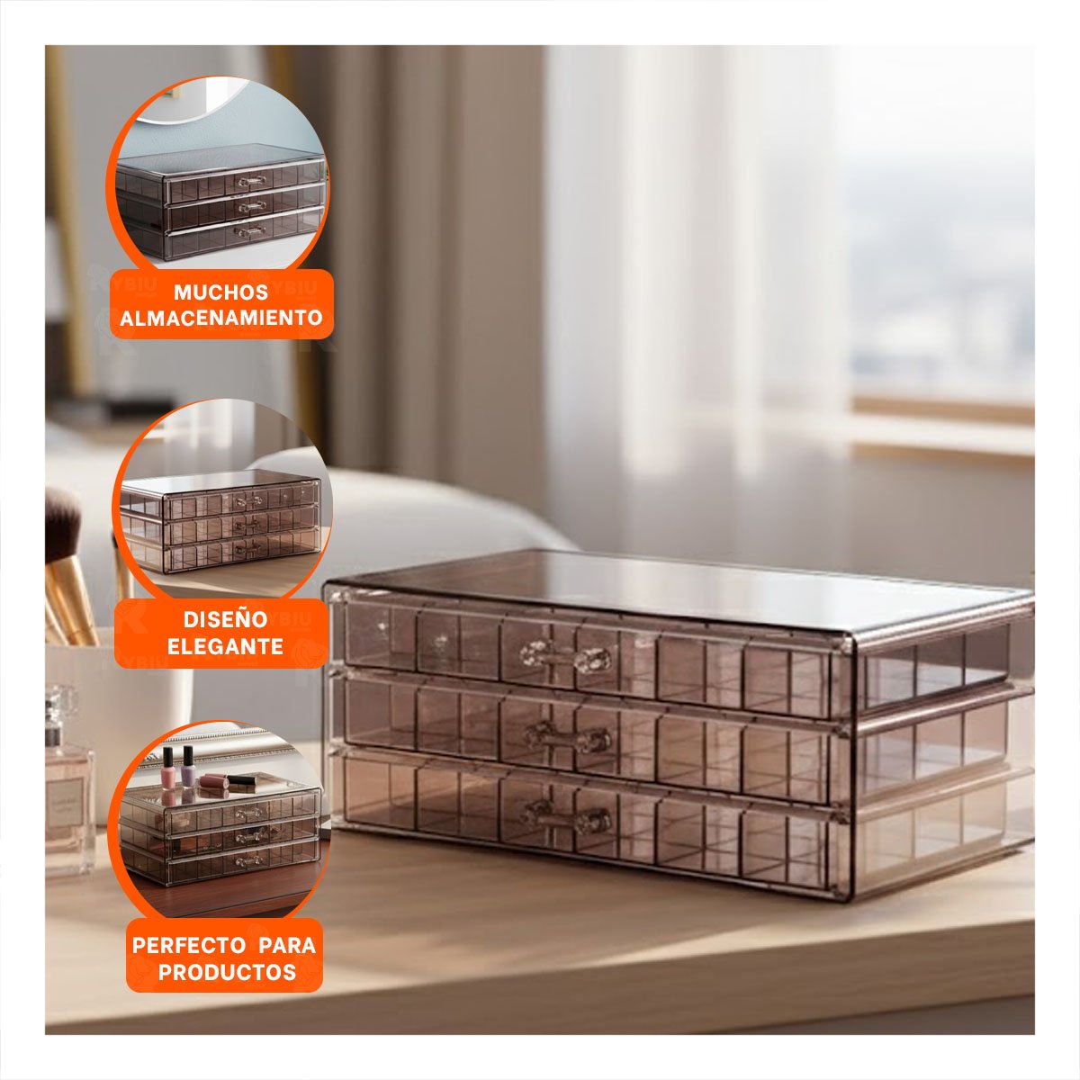 PACK4 ORGANIZADOR ACRILICO 3 NIVELES CON 72 DIVISIONES COLOR MARRON TRANSPARENTE - 5
