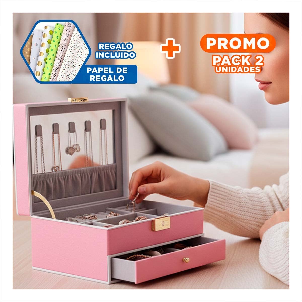 PACK2 JOYERO 2 NIVELES CON ESPEJO LED ROSADO PARA GUARDAR ANILLOS Y COLLARES Y+PAPEL REGALO - 1
