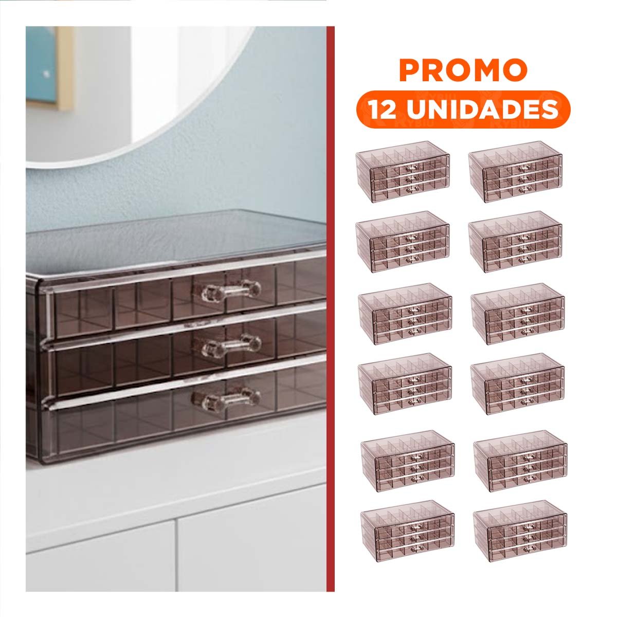 PACK12 ORGANIZADOR PARA DE ACRILICO 3 NIVELES 72 DIV MARRON TRANSPARENTE Y+REGALO STICKER - 1