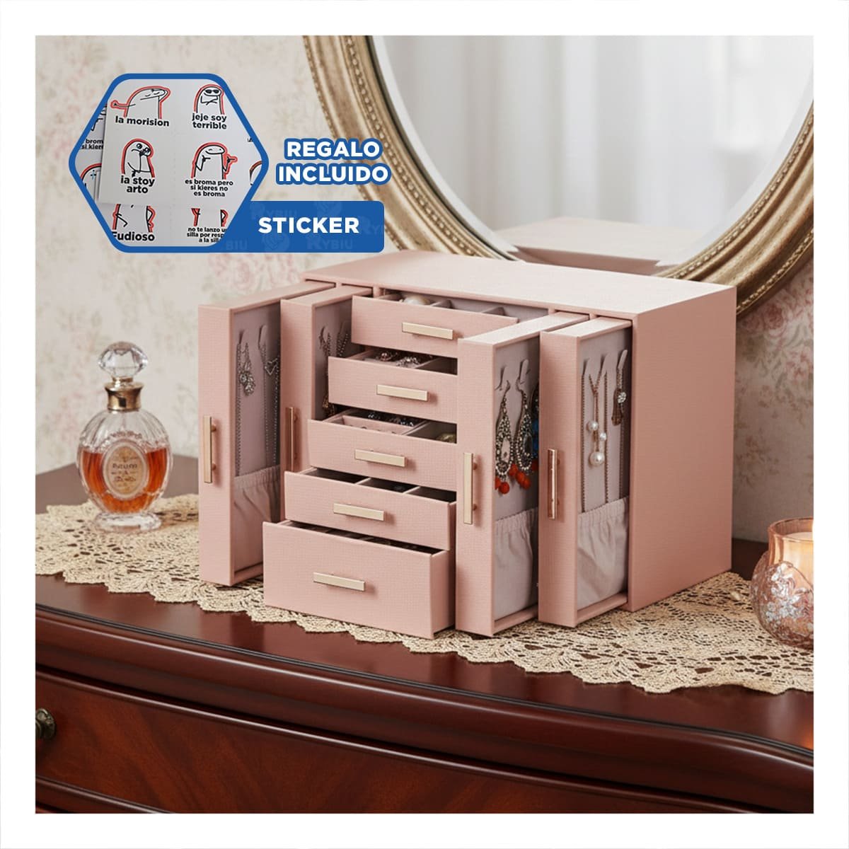 ORGANIZADOR DE ACCESORIOS ROSADO CON CAJONES FORRADOS Y PUERTAS FIRMES Y+REGALO STICKER - 1