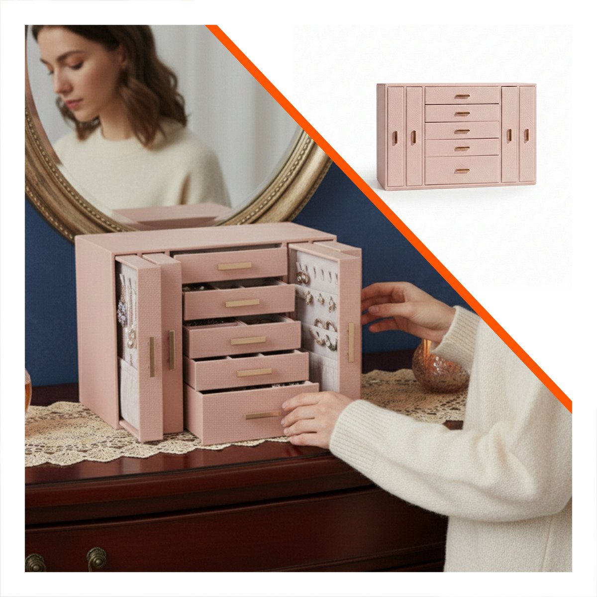 ORGANIZADOR DE ACCESORIOS ROSADO CON CAJONES FORRADOS Y PUERTAS FIRMES Y+REGALO STICKER - 5