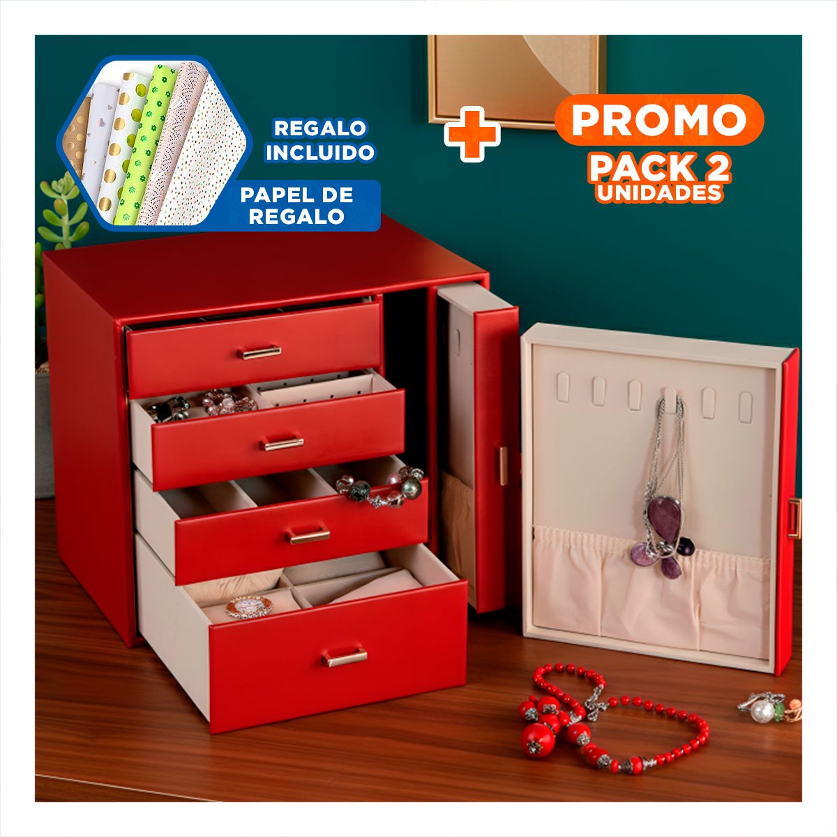 PACK2 COFRE DE ACCESORIOS GRANDE 4 NIVELES HORIZ Y 2 VERT ROJO PARA TOCADOR Y+PAPEL REGALO - 1