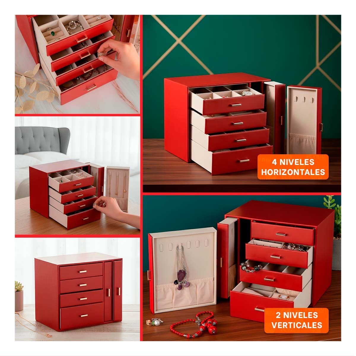 PACK2 COFRE DE ACCESORIOS GRANDE 4 NIVELES HORIZ Y 2 VERT ROJO PARA TOCADOR Y+PAPEL REGALO - 3