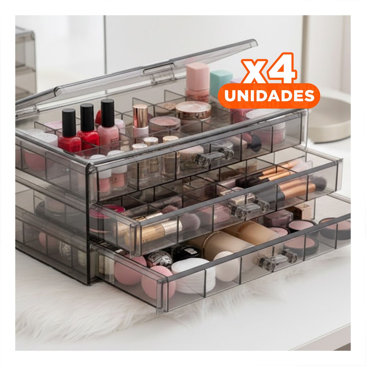 PACK4 CAJA PARA ACCESORIOS DE ACRILICO 3 NIVELES 72 DIVISIONES NEGRO TRANSPARENTE - 1